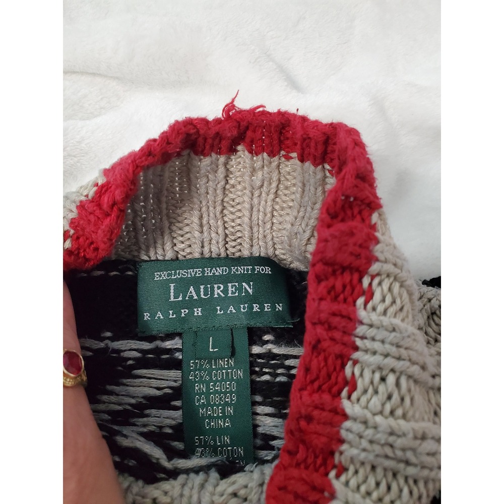 Lauren Ralph Lauren Hand Knit Canoe Fair Isle Linen Cotton Sweater Black Large - Picture 4 of 13